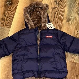 Next Blue and Brown Puffer Jacket with Faux Fur Hood
